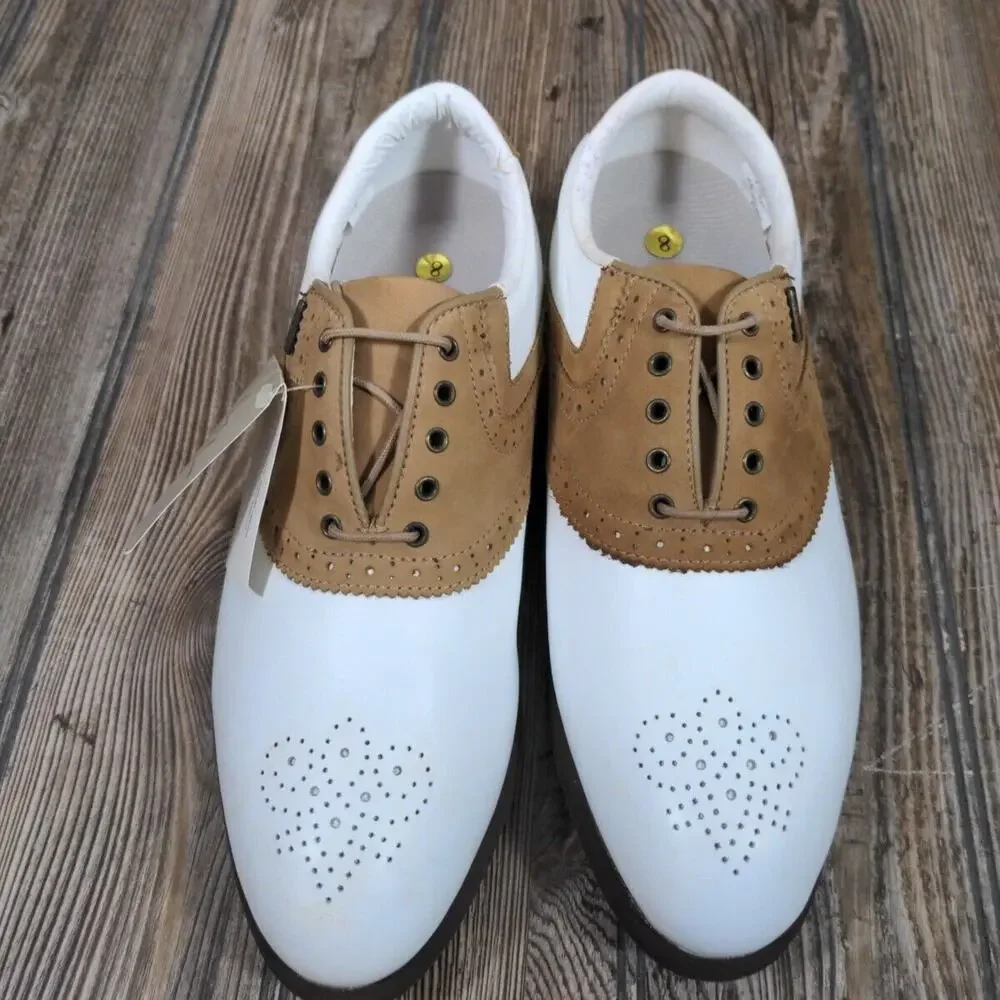 Mizuno Women Metal Cleat Golf Shoes White Brown‎ Saddle Classic Sz 8 Waterproof
